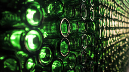 A visually striking wall of stacked green beer bottles, backlit for an interesting effect. 