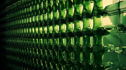 A visually striking wall of stacked green beer bottles, backlit for an interesting effect. 