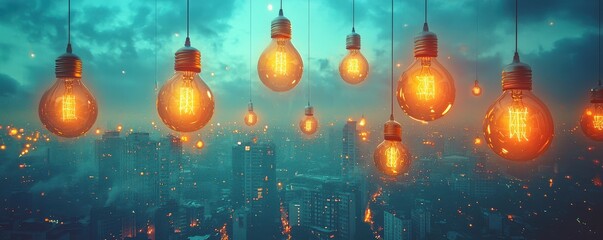 Lightbulbs of different shapes and sizes floating above a cityscape, diverse ideas, creative business landscape