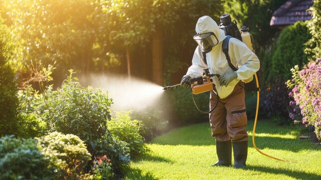 Pest control expert spraying pesticide around a garden to prevent insects from damaging plants