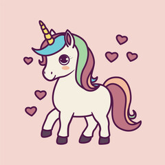 Cartoon Kawaii Unicorn with Pink Hair Icon Illustration
