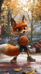 Cute Cartoon Fox Playing Basketball in Autumn Park wallpaper