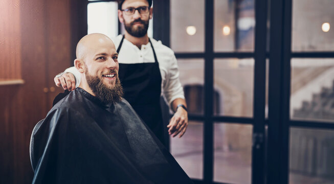 Barber, client or smile in barbershop for service, grooming or styling in industry. Person, customer or happy in small business for facial, hair care or entrepreneur in hairdresser with satisfied man