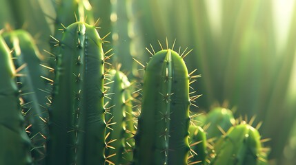 Naklejka premium A detailed macro shot of a cactus, highlighting its spines and the smooth, green surface of the plant, with sharp contrasts between textures. 8k UHD, suitable for high-quality printing or digital 