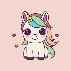 Cartoon Kawaii Unicorn with Pink Hair Icon Illustration
