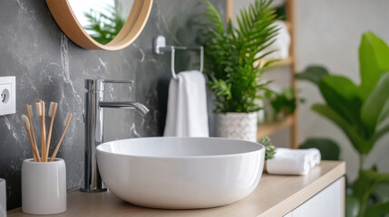 Fototapeta premium Modern bathroom interior featuring a sleek white sink, green plants, and natural decor, creating a fresh and calming atmosphere.