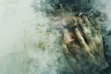 Fototapeta premium Allergy symptoms, a person sneezes and rubs his eyes, surrounded by a misty cloud of mold spores