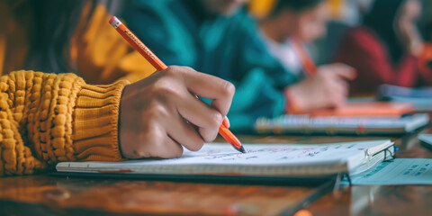 Close-up view of a teacher’s hand writing in a notebook during a classroom session in a learning environment