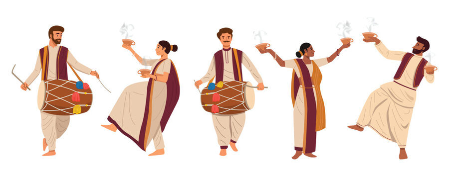 People in traditional Indian attire are playing drums and performing the Dhunuchi dance.