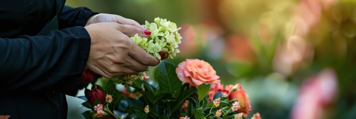 Close-up of a professional bereavement coordinator arranging flowers in a serene outdoor setting to honor a loved one