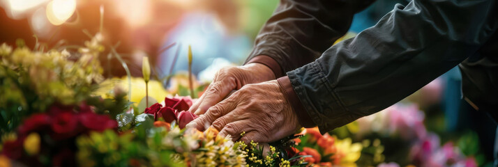 Close-up of a bereavement coordinator arranging flowers in a serene setting during a memorial service