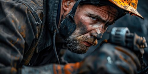 Fototapeta premium Close up of a skilled miner at work underground, showcasing determination and focus during intense labor in a coal mine