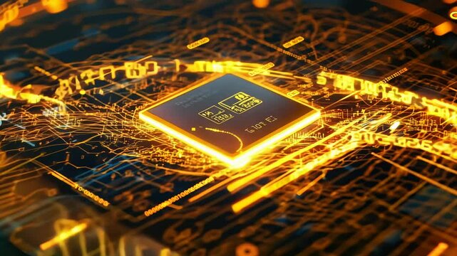 Glowing microchip rotates in holographic matrix. Golden interface displays genetic code, health meters, and scatter plots. Binary streams and matrix code flow in ethereal virtual atmosphere.