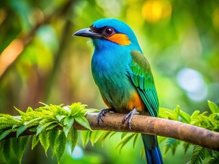 Fototapeta premium Vibrant turquoise plumage of a guardabarranco bird, Nicaragua's national symbol, perches on a branch amidst lush