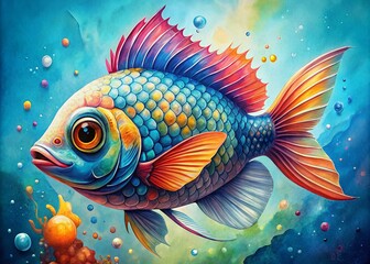 Fototapeta premium Vibrant watercolor illustration of a colorful fish with intricate scales, flowing fins, and bright eyes, set against a