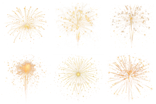 Set of festive fireworks on a white or transparent background. Explosion of a large golden fireworks, Design element, holiday overlays, New Year decorations.