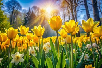 Fototapeta premium Vibrant yellow tulips and daffodils sway gently in the breeze amidst lush greenery, capturing the essence of a