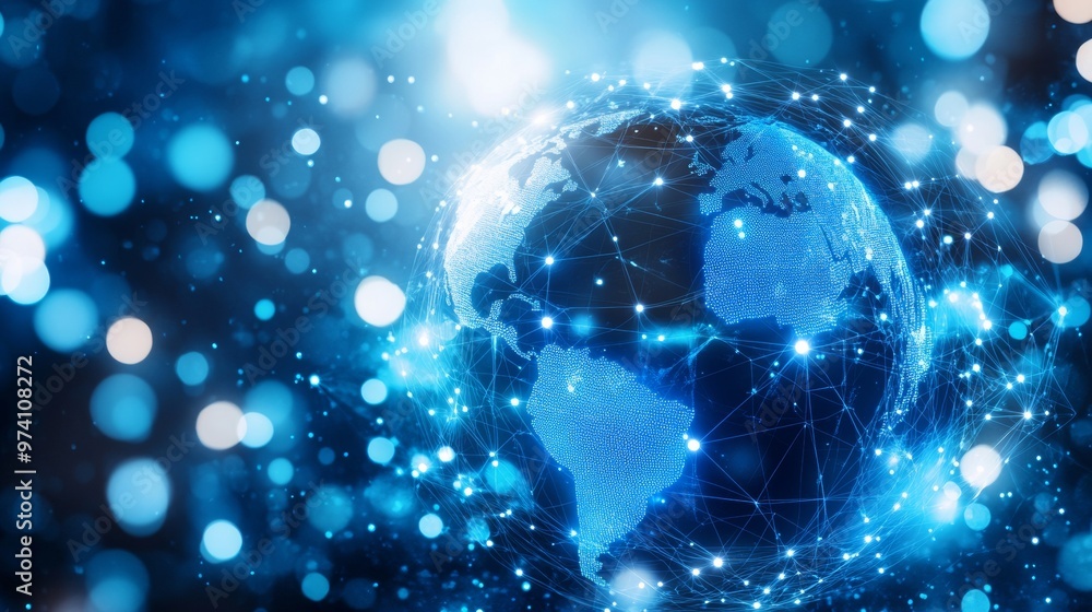 Poster abstract blue planet earth with a global network and connectivity concept, data transfer in the cybe