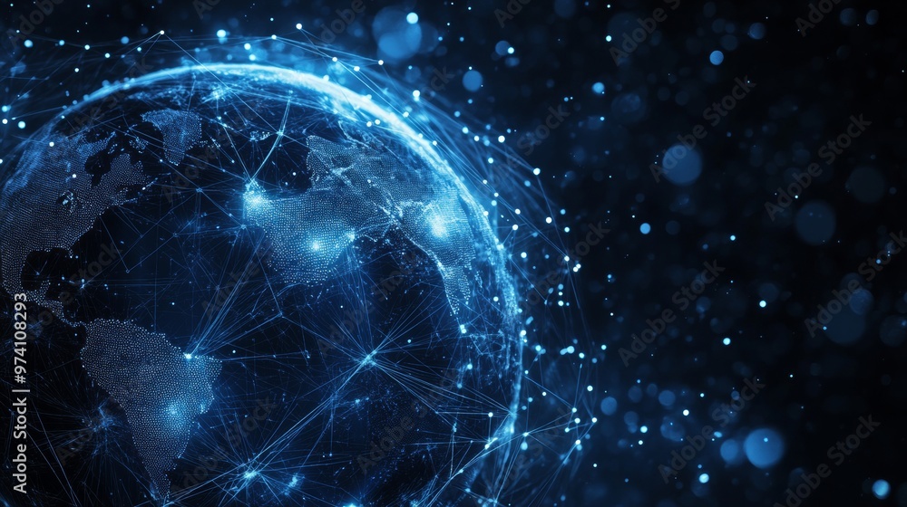Poster abstract blue planet earth with a global network and connectivity concept, data transfer in the cybe