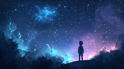 Fototapeta premium A Young Dreamer Gazes Upward at a Celestial Wonderland Full of Twinkling Stars and Cosmic Beauty. 2D Cartoon Concept