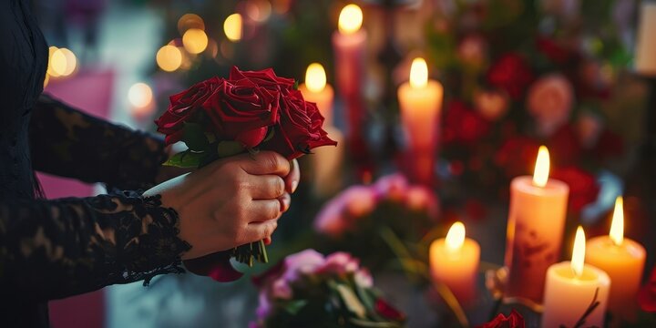 Close up of a bereavement coordinator preparing flowers and candles in a serene setting during a memorial tribute