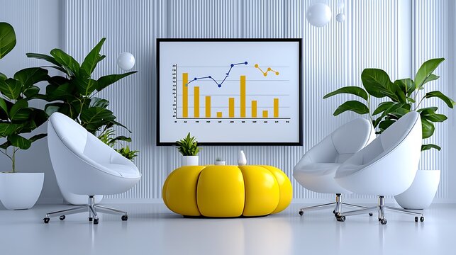 A modern office interior features a pumpkin-shaped yellow ottoman, white chairs, and a graph on the wall, a mix of design and data.