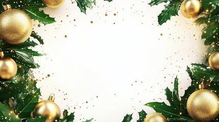 Elegant holiday frame adorned with golden ornaments and lush green leaves, designed for showcasing professional brand promotions or advertisements.