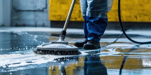 Professional cleaner scrubbing floors with a rotary machine in a commercial building during daylight