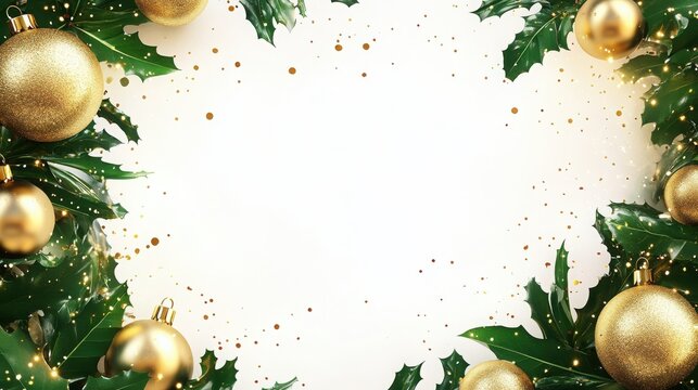 Elegant holiday frame adorned with golden ornaments and lush green leaves, designed for showcasing professional brand promotions or advertisements.