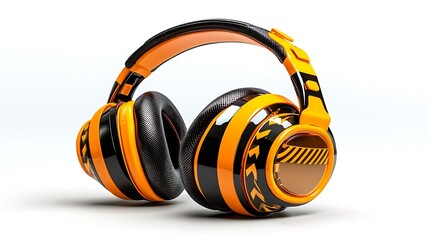 Naklejka premium Sleek orange and black headphones stand isolated on a white background, showcasing modern audio design.