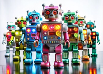 Fototapeta premium Colorful, shiny, and intricately designed toy robots with glowing eyes and movable limbs stand in a row on