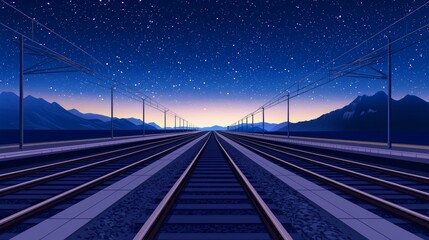 Capture the vast expanse of a deserted freight train station under a starry night sky, emphasizing the stillness and silence with a mix of cool blues and soft yellows