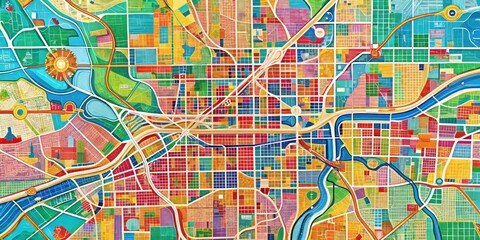 Colorful street map of Kansas City, Missouri, showcasing downtown districts, major highways, and landmarks, with