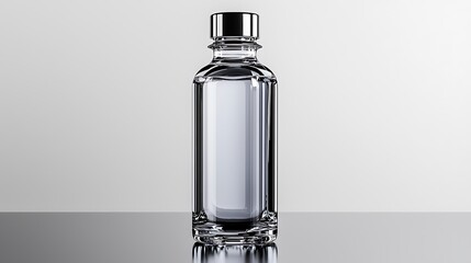 A clear glass bottle with a silver cap sits against a gray background, exuding a refined simplicity.