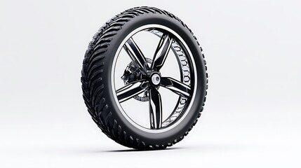 Obraz premium A black tire with a chrome wheel rim is isolated against a white background, shining with polished strength.