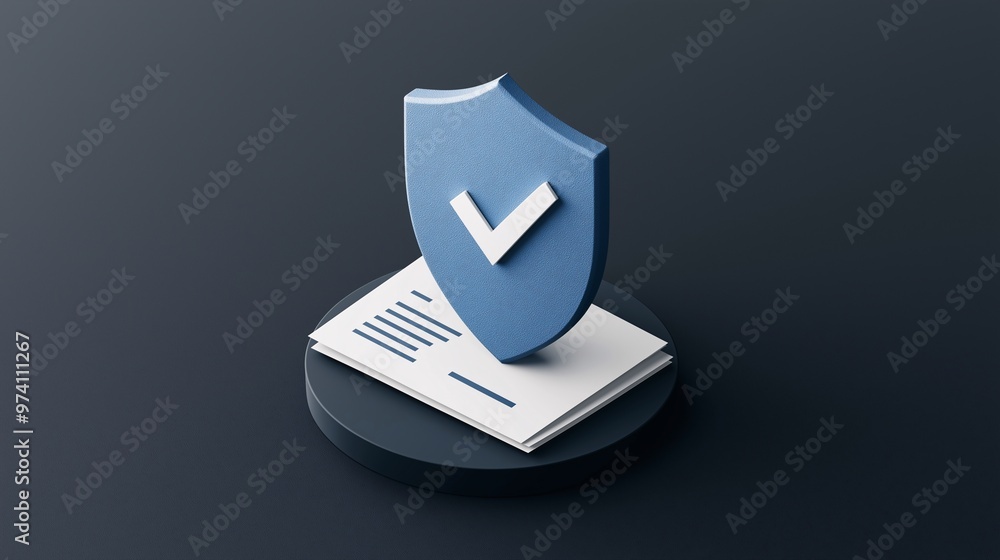 Poster secure documents: 3d isometric illustration of a blue shield with a white checkmark symbol, protecti