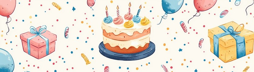Playful hand-drawn seamless pattern featuring cakes, gift boxes, balloons, and festive decorations, perfect for birthday parties and celebration-themed textiles in a vibrant vector design