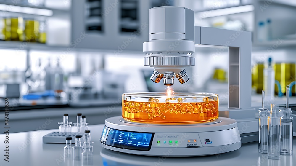 Poster a laboratory microscope focuses on a sample in a petri dish, surrounded by flasks, representing rese