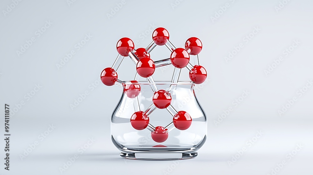 Poster a red molecular structure floats inside a glass beaker, a visual representation of scientific discov