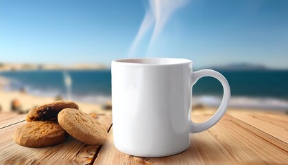 A mockup mug with hot steam coming out is on a beach background and there are cookies next to it for breakfast. Showcase, promotion.