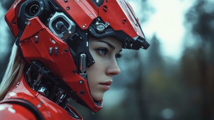 woman wearing a satin red finish sci-fi armor with a cybernetic battle helmet in an outdoor setting. The armor has multiple sensors and optics.