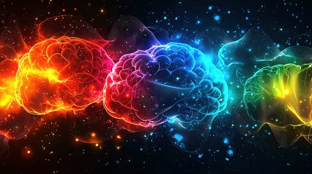 Abstract creative flow of ideas represented as colorful lines connecting multiple brains, idea network, collaborative business concepts