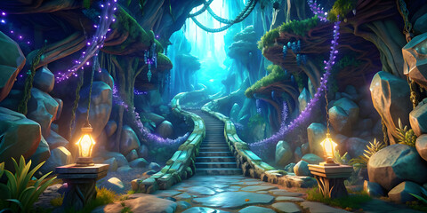 A winding, glowing vine leads to a mystical cave filled with shimmering crystals and ancient runes.