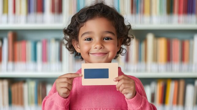 A child proudly holding up their first library card in front of a bookshelf, child, library card, bookshelf