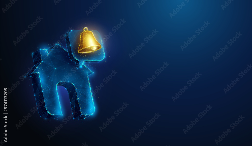 Poster abstract illustration of chat bubble with gold bell floating over house in low poly style. blue geom