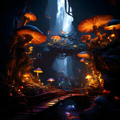 Obraz premium A winding, glowing vine leads to a mystical cave filled with shimmering crystals and ancient runes.