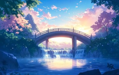 Obraz premium A serene landscape featuring a bridge over a tranquil waterfall at sunset, surrounded by lush greenery and blooming flowers.
