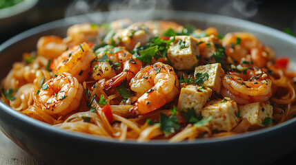Close-Up of Steaming Hot Pad Thai with Shrimp and Tofu