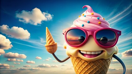 Colorful, whimsical illustration of a smiling ice cream cone character wearing sunglasses, holding a scoop of ice