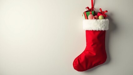 Christmas Stocking Hanging with Copy Space, Christmas stocking hanging from top, filled with gifts and candy on gradient background with copy space for promotional text or sale details.